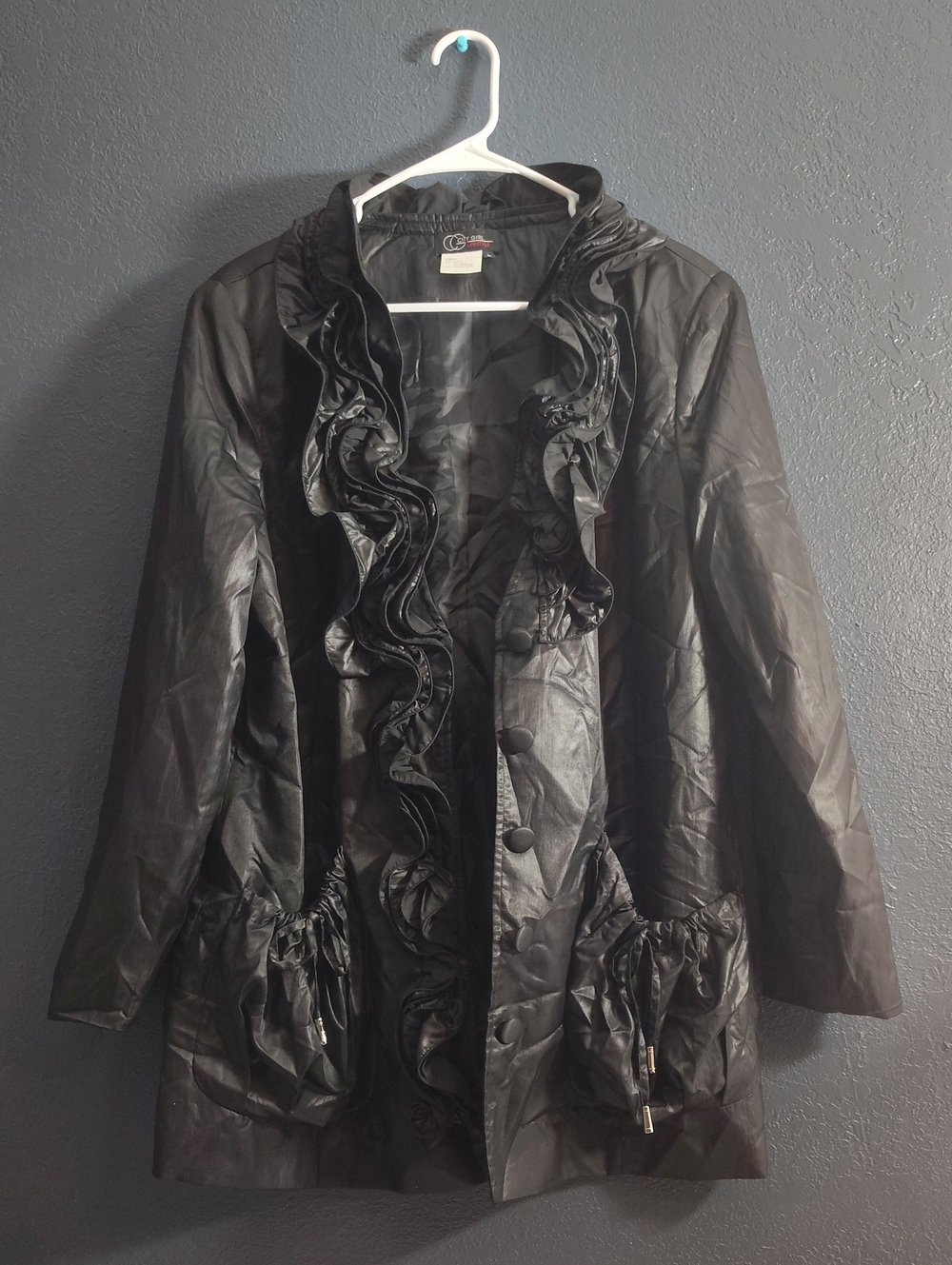 Black City Girl Crinkled Ruffle-Trim Trench Coat